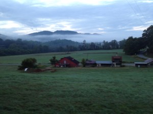 A view of the John C Campbell Folk School barns, as seen from one of the student residences.